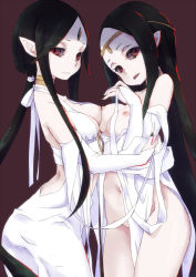 Rule 34 | 2girls, black hair, black sclera, breast press, breasts, bridal gauntlets, circlet, colored sclera, colored skin, elbow gloves, fang, fingernails, gloves, head tilt, hug, long fingernails, long hair, looking at viewer, multiple girls, nail polish, navel, nipples, open mouth, overlord (maruyama), pale skin, pointy ears, red eyes, revealing clothes, sharp fingernails, sidelocks, slit pupils, symmetrical docking, uka (uka2nimo), undressing, vampire, vampire bride (overlord), very long hair, white skin