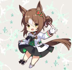 Rule 34 | 1girl, ascot, brooch, brown hair, chibi, dress, fine motion (umamusume), floating, full body, gloves, green eyes, hair between eyes, honda tamanosuke, horse, horse girl, horse tail, jacket, jewelry, multicolored hair, open clothes, open jacket, open mouth, short hair, solo, tail, umamusume, white ascot, white gloves, white hair, white jacket