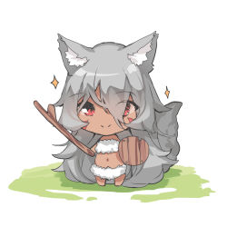 Rule 34 | 1girl, absurdly long hair, animal ear fluff, animal ears, bare shoulders, barefoot, buckler, chibi, closed mouth, commentary request, dark-skinned female, dark skin, eyes visible through hair, fox ears, fox girl, fox tail, full body, fur bikini, grey hair, hair over one eye, highres, holding, holding stick, long hair, looking at viewer, navel, original, red eyes, shield, smile, solo, standing, stick, tail, very long hair, white background, yuuji (yukimimi)