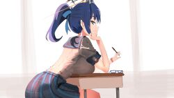 Rule 34 | alternate costume, angelchama, ass, blue eyes, blue hair, breast press, breasts, day, desk, glasses, highres, hololive, hololive english, large breasts, looking back, ouro kronii, pen, ponytail, school uniform, sitting, skirt, smile, virtual youtuber, window