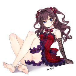 Rule 34 | 1girl, ahoge, anklet, arm support, bad id, bad twitter id, bare shoulders, barefoot, blue eyes, bow, bridal garter, brown hair, dress, earrings, elbow gloves, feet, female focus, floating hair, full body, gloves, hair between eyes, hair bow, highres, ichinose shiki, idolmaster, idolmaster cinderella girls, jewelry, long hair, looking at viewer, neck ribbon, pinafore dress, red dress, ribbon, shiny skin, short dress, simple background, sitting, sleeveless, sleeveless dress, smile, soles, solo, striped bow, striped ribbon, tama (tamatamo), thigh strap, toes, twintails, two side up, white background