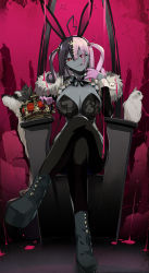 Rule 34 | 1girl, :q, animal ears, black footwear, black hair, black hairband, black thighhighs, breasts, cat, cleavage, closed mouth, colored skin, crossed legs, crown, dog, fake animal ears, grey skin, hairband, highres, indie virtual youtuber, large breasts, long hair, long sleeves, looking at viewer, mask, mouth mask, multicolored hair, pink hair, rabbit ears, red eyes, satou daiji, sitting, smile, thighhighs, thighs, tongue, tongue out, towa (towa akqj10), virtual youtuber