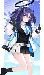 Rule 34 | 1girl, black footwear, black gloves, black skirt, black socks, blue archive, blue eyes, blue necktie, blush, collared shirt, foot out of frame, formal, gloves, halo, highres, id card, jacket, long hair, long sleeves, looking at viewer, mechanical halo, necktie, nozomi fuuten, open clothes, open jacket, open mouth, pleated skirt, purple hair, shirt, shoes, signature, skirt, socks, solo, suit, two-sided fabric, two-sided jacket, two side up, white jacket, white shirt, yuuka (blue archive)