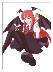 Rule 34 | 1girl, :d, absurdres, armband, arpee, bat wings, black border, black dress, black pantyhose, book, border, commentary request, dress, dress shirt, foreshortening, full body, head wings, highres, holding, holding book, juliet sleeves, knees together feet apart, koakuma, loafers, long hair, long sleeves, looking at viewer, necktie, open book, open mouth, pantyhose, pinafore dress, puffy sleeves, red eyes, red hair, red necktie, round teeth, shirt, shoes, sidelocks, simple background, sitting, sleeveless dress, smile, solo, star (symbol), teeth, touhou, v-shaped eyebrows, very long hair, white background, white shirt, wings