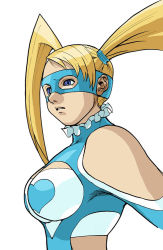 Rule 34 | 1990s (style), 1girl, bare shoulders, bengus, blonde hair, blue eyes, breasts, capcom, female focus, heart, large breasts, mask, official art, rainbow mika, retro artstyle, short twintails, simple background, solo, street fighter, street fighter zero (series), twintails, white background, wrestler