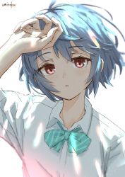 Rule 34 | 1girl, arm up, blue hair, blush, bow, brown eyes, collared shirt, commentary request, diagonal stripes, dress shirt, green bow, highres, looking at viewer, original, parted lips, shirt, short hair, simple background, solo, striped, striped bow, umiroku, upper body, white background, white shirt