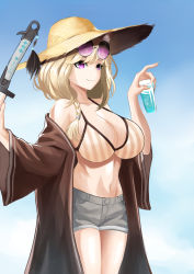 Rule 34 | 1girl, animal ear fluff, animal ears, aqua nails, arknights, bare shoulders, bikini, blonde hair, blue sky, braid, breasts, brown jacket, commentary, cowboy shot, cup, day, drinking glass, eyewear on head, grey shorts, hands up, hat, highres, holding, holding cup, jacket, large breasts, long sleeves, nail polish, navel, off shoulder, official alternate costume, open clothes, open jacket, outdoors, purple eyes, rankketer, short hair, short shorts, shorts, side braid, single braid, sky, smile, solo, standing, stomach, striped bikini, striped clothes, sun hat, sunglasses, swimsuit, swimsuit cover-up, thighs, utage (arknights), utage (summer flowers) (arknights), vertical-striped bikini, vertical-striped clothes, wide sleeves