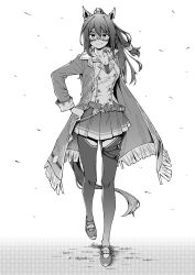 Rule 34 | 1girl, animal ears, buttons, coat, domino mask, double-breasted, ear scrunchie, el condor pasa (umamusume), greyscale, highres, horse ears, horse girl, horse tail, kazushiki midori, long hair, looking at viewer, mask, monochrome, pleated skirt, ponytail, skirt, solo, tail, thighhighs, umamusume, undershirt
