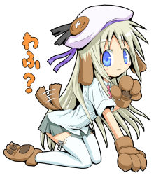Rule 34 | all fours, animal ears, animal hands, bad id, bad pixiv id, blonde hair, blue eyes, dog ears, dog paws, dog tail, fuyuno (ramentaro23), hat, large buttons, little busters!, long hair, noumi kudryavka, plaid, plaid skirt, pleated skirt, school uniform, skirt, solo, tail, tail wagging, thighhighs