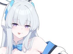 Rule 34 | 1girl, :p, alternate costume, aqua bow, bare shoulders, blue archive, blunt bangs, bow, bowtie, detached collar, grey hair, halo, long hair, looking at viewer, meme, noa (blue archive), off shoulder, purple eyes, raised eyebrow, reia 76, solo, tongue, tongue out, traditional bowtie, twitter rabbit ears (meme)