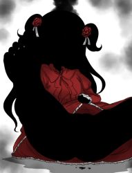 Rule 34 | 1girl, artist request, black skin, clothes lift, colored skin, dress, flower, hair ornament, highres, kate (shadows house), long hair, no panties, presenting, red dress, rose, shadows house, silhouette, skirt, skirt lift, solo, white background