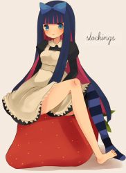 Rule 34 | 10s, 1girl, ayu (mog), bad feet, bad id, bad pixiv id, barefoot, blue eyes, blue hair, colored inner hair, food, fruit, matching hair/eyes, multicolored hair, panty &amp; stocking with garterbelt, pink hair, ruchiru, single thighhigh, solo, stocking (psg), strawberry, striped clothes, striped thighhighs, thighhighs, two-tone hair
