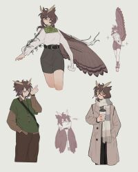 Rule 34 | 1girl, absurdres, arkiwi, arknights, belt, breath, brown coat, brown hair, brown pants, brown shirt, coat, commentary, cup, disposable coffee cup, disposable cup, english commentary, feathered wings, glass, green sweater, grey background, grey scarf, grey skirt, hair up, hand up, highres, holding, holding cup, long hair, looking at viewer, multiple views, pants, parted lips, scarf, shirt, silence (arknights), simple background, skirt, smile, sparkle, sweater, white shirt, wings