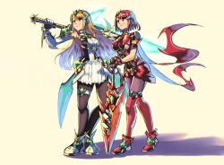 Rule 34 | 2girls, aegis sword (xenoblade), backless outfit, black pantyhose, blonde hair, bob cut, breasts, dangle earrings, dress, earrings, elbow gloves, gloves, highres, impossible clothes, jewelry, large breasts, pantyhose under shorts, long hair, microskirt, miniskirt, multiple girls, mythra (massive melee) (xenoblade), mythra (xenoblade), pantyhose, pantyhose under shorts, pyra (xenoblade), red eyes, red hair, red thighhighs, short dress, short hair, short shorts, short sleeves, shorts, skindentation, skirt, sleeveless, sleeveless dress, swept bangs, thigh strap, thighhighs, thighhighs over pantyhose, tiara, very long hair, white dress, white skirt, xenoblade chronicles (series), xenoblade chronicles 2, yellow eyes