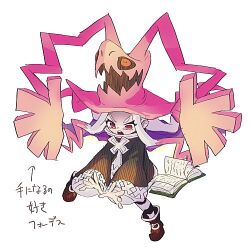 Rule 34 | 1girl, animal hat, bird, black footwear, book, commentary, dragon: marked for death, hat, long hair, lowres, multicolored hair, multiple heads, open mouth, owl, pink eyes, pink hair, pink hat, red eyes, socks, solo, sparkle, streaked hair, striped clothes, striped socks, translation request, twitter username, two-tone hair, white background, wide sleeves, witch, witch (dmfd), witch hat, zukoko rkgk