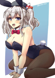 Rule 34 | 10s, 1girl, alternate costume, animal ears, arm support, ass, bare shoulders, beret, black pantyhose, blue eyes, breasts, cleavage, detached collar, fake animal ears, fishnet pantyhose, fishnets, hat, kantai collection, kashima (kancolle), large breasts, leotard, long hair, open mouth, pantyhose, playboy bunny, rabbit ears, rabbit tail, shinshin, silver hair, sitting, smile, solo, tail, twitter username, wariza, wavy hair, wrist cuffs