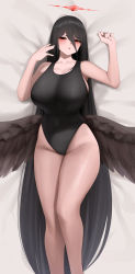 Rule 34 | bare arms, bare shoulders, black hair, black one-piece swimsuit, blue archive, blush, breasts, collarbone, covered navel, hair between eyes, halo, hasumi (blue archive), highres, huge breasts, long hair, looking at viewer, low wings, lying, mole, mole under eye, on back, on bed, one-piece swimsuit, red eyes, red halo, scoop neck, senju (snz0), sideboob, straight hair, swimsuit, thick thighs, thighs, very long hair, wings