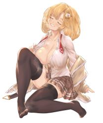 Rule 34 | 1girl, absurdres, blonde hair, blouse, blush, breast press, breasts, closed eyes, collarbone, hair ornament, head tilt, highres, hololive, hololive english, honkivampy, large breasts, mole, mole on breast, necktie, no bra, one breast out, open clothes, open shirt, shirt, short hair, simple background, solo, sweat, thighhighs, virtual youtuber, watson amelia, white background, zettai ryouiki