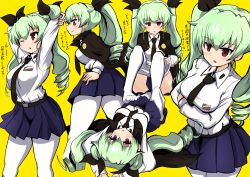 Rule 34 | 1girl, ;o, absurdres, anchovy (girls und panzer), anzio school uniform, arms up, belt, black belt, black cape, black neckwear, black ribbon, black skirt, blush, cape, closed mouth, clothes pull, commentary, cropped legs, crossed arms, dress shirt, drill hair, emblem, girls und panzer, green hair, hair ribbon, hand on own hip, highres, long hair, long sleeves, looking at viewer, looking back, lying, miniskirt, multiple views, necktie, no shoes, on back, one eye closed, pantyhose, pantyhose pull, parted lips, pleated skirt, red eyes, ribbon, school uniform, shirt, sitting, skirt, smile, standing, stretching, sweatdrop, translated, twin drills, twintails, white pantyhose, white shirt, wing collar, yellow background, yogurt bakudan