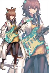 Rule 34 | 1girl, agnes tachyon (umamusume), ahoge, animal ears, black collar, black pantyhose, brown hair, chemical structure, collar, collared shirt, commentary, drop shadow, earrings, electric guitar, fender stratocaster, guitar, guitar strap, hair between eyes, highres, holding, holding guitar, holding instrument, horse ears, horse girl, horse tail, instrument, jewelry, kaho (ramb), lab coat, long sleeves, looking at viewer, necktie, open mouth, pantyhose, red eyes, shirt, shoes, short hair, short necktie, simple background, single earring, sleeves past fingers, sleeves past wrists, solo, sweater, sweater vest, tail, test tube, umamusume, white background, white footwear, yellow sweater, yellow sweater vest, zipper, zipper pull tab, zoom layer