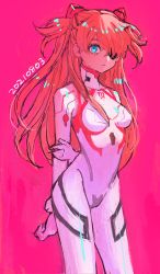 Rule 34 | 1girl, blue eyes, bodysuit, boyaking, breasts, brown hair, evangelion: 3.0+1.0 thrice upon a time, eyepatch, hair ornament, highres, long hair, looking at viewer, neon genesis evangelion, pilot suit, pink background, plugsuit, rebuild of evangelion, shiny clothes, skin tight, smile, solo, souryuu asuka langley, two side up, very long hair, white bodysuit, wide hips