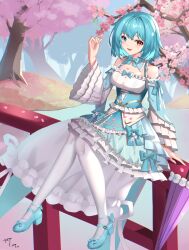 Rule 34 | 1girl, absurdres, alternate costume, blue bow, blue bowtie, blue corset, blue eyes, blue hair, blue skirt, blue sleeves, blush, bow, bowtie, breasts, cherry blossoms, cleavage, corset, detached sleeves, dress bow, footwear bow, frilled skirt, frilled sleeves, frills, full body, heterochromia, highres, looking at viewer, mary janes, medium bangs, medium breasts, on railing, open mouth, pantyhose, purple umbrella, qinyuzhen, railing, red eyes, shoes, short hair, sitting, skirt, smile, solo, tatara kogasa, touhou, tree, umbrella, white pantyhose, wide sleeves
