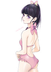 Rule 34 | 1girl, ass, backless swimsuit, black hair, blunt bangs, bow, butterfly hair ornament, casual one-piece swimsuit, closed mouth, cowboy shot, frilled swimsuit, frills, hair ornament, high ponytail, kimetsu no yaiba, koban7513, long hair, looking at viewer, one-piece swimsuit, pink bow, pink one-piece swimsuit, purple eyes, shoulder blades, simple background, solo, standing, swimsuit, tsuyuri kanao, white background