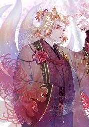 Rule 34 | 1boy, alternate costume, animal ears, bell, bishounen, blonde hair, branch, cherry blossoms, closed mouth, commentary request, embellished costume, floral background, floral print, flower, forked eyebrows, fox boy, fox ears, hair ribbon, hair up, highres, japanese clothes, jingle bell, kimetsu no yaiba, kimono, kitsune, light particles, lips, long hair, male focus, mikaeri, multicolored hair, multiple tails, nail polish, ponytail, purple kimono, red eyes, red nails, rengoku kyoujurou, ribbon, signature, smile, solo, spider lily, tail, tasuki, tsurime, yellow eyes, yukata