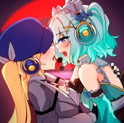 Rule 34 | 2girls, after kiss, backless dress, backless outfit, bare shoulders, black nails, blonde hair, blue eyes, blush, breasts, cleavage, closed eyes, detached sleeves, dokibird (vtuber), dress, french kiss, ghost, ghost girl, gradient hair, green hair, hair ornament, hat, headphones, highres, indie virtual youtuber, jacket, kiss, long hair, maid, maid headdress, medium breasts, medium hair, mint fantome, multicolored hair, multiple girls, nail polish, open clothes, open jacket, open mouth, ricegnat, saliva, saliva trail, twintails, virtual youtuber, white hair, x hair ornament, yuri