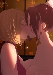 Rule 34 | 2girls, bare shoulders, blonde hair, blue mary, grabbing another&#039;s breast, breasts, brown hair, cleavage, collarbone, closed eyes, fatal fury, from side, grabbing, half-closed eyes, highres, imminent kiss, kuroneko pantsu, large breasts, multiple girls, nude, open mouth, profile, red eyes, shiranui mai, short hair, snk, the king of fighters, yuri