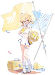 Rule 34 | ahoge, alternate costume, alternate hairstyle, blonde hair, blue archive, breasts, cleavage, confetti, flag, glasses, kotori (blue archive), kotori (cheer squad) (blue archive), large breasts, looking at viewer, millennium cheerleader outfit (blue archive), navel, official art, open mouth, pom pom (cheerleading), red eyes, shoes, translation request, transparent background