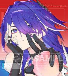 Rule 34 | 1girl, absurdres, acheron (honkai: star rail), ahoge, armor, bandaged arm, bandages, bare shoulders, black gloves, chain, chain around arm, commentary request, commission, eyeliner, eyes visible through hair, food, fruit, gloves, hair intakes, hair ornament, hair over one eye, hand on own face, head rest, highres, holding, holding food, holding fruit, honkai: star rail, honkai (series), looking at viewer, luobo2016, makeup, multicolored hair, peach, portrait, purple hair, red background, red eyeliner, sample watermark, shoulder armor, solo, streaked hair, watermark