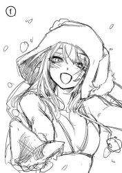 Rule 34 | 1girl, bare arms, bare shoulders, blush, bra, breasts, cleavage, eyelashes, hair between eyes, hat, long hair, mittens, numbered, open mouth, original, sketch, smile, snow, snowing, solo, topless male, underwear, usazaki shiro, white background, winter clothes