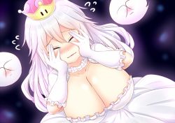 Rule 34 | 1girl, blush, breasts, covering face, crown, detached sleeves, embarrassed, frilled gloves, frilled sleeves, frills, from above, gloves, kane-neko, large breasts, long hair, looking at viewer, luigi&#039;s mansion, mario (series), new super mario bros. u deluxe, nintendo, nipples, princess king boo, puffy short sleeves, puffy sleeves, purple eyes, saliva, short sleeves, super crown, wavy mouth, white gloves, white hair, white legwear
