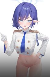 Rule 34 | 1girl, aoi (blue archive), aya (lezon), blue archive, blue eyes, blue hair, bottomless, buttons, censored, collared shirt, commentary, cropped shirt, double-breasted, embarrassed, gloves, groin, hair over one eye, halo, hand on own hip, highres, leaning forward, long sleeves, looking at viewer, medium hair, mole, mole under eye, navel, no panties, no pants, open mouth, purple hair, shirt, slit pupils, solo, symbol-only commentary, white gloves, white shirt