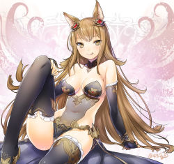 Rule 34 | 10s, 1girl, 47agdragon, :q, animal ears, arm support, bare shoulders, black gloves, black thighhighs, blonde hair, blush, breasts, brown eyes, brown hair, choker, cleavage, covered navel, elbow gloves, erune, female focus, frilled gloves, frilled thighhighs, frills, gloves, granblue fantasy, hair ornament, leotard, licking lips, long hair, looking at viewer, medium breasts, metera (granblue fantasy), mole, mole under mouth, naughty face, navel, revealing clothes, smile, solo, thighhighs, tongue, tongue out, twintails
