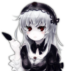 Rule 34 | 00s, 1girl, :&lt;, blush, feathers, frown, hairband, jakku, long hair, pale skin, red eyes, rozen maiden, silver hair, simple background, solo, suigintou