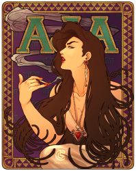 Rule 34 | 1girl, absurdres, art nouveau, battle tendency, black hair, blue eyes, breasts, catneylang, cigarette, cleavage, collarbone, earrings, from side, gem, highres, holding, holding cigarette, jewelry, jojo no kimyou na bouken, large breasts, lipstick, lisa lisa, long hair, looking at viewer, makeup, nail polish, necklace, open mouth, parted lips, red lips, red nails, red stone of aja, smoking, solo