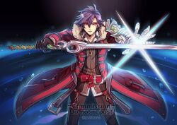 Rule 34 | 1boy, artist name, belt, black gloves, blue hair, coat, commentary, commission, eiyuu densetsu, english commentary, fur-trimmed coat, fur trim, glint, gloves, gzei, hair between eyes, highres, holding, holding sword, holding weapon, lucky seven (xenoblade), male focus, mechanical arms, parted lips, prosthesis, prosthetic arm, purple eyes, rean schwarzer, red coat, sen no kiseki, sen no kiseki ii, sen no kiseki iii, short hair, single mechanical arm, solo, standing, sword, twitter username, watermark, weapon, xenoblade chronicles (series), xenoblade chronicles 3