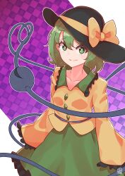 Rule 34 | 1girl, absurdres, black hat, bow, checkered background, closed mouth, collarbone, commentary, green eyes, green hair, green skirt, hat, hat bow, heart, heart of string, highres, komeiji koishi, long sleeves, looking at viewer, purple background, shirt, short hair, skirt, smile, solo, third eye, touhou, yellow bow, yellow shirt, zanasta0810
