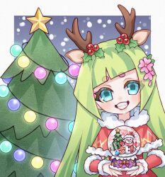 Rule 34 | 1girl, animal ears, antlers, blue background, border, capelet, chibi, christmas, christmas tree, deer antlers, deer ears, dress, fire, flower, fur-trimmed capelet, fur trim, green hair, grin, hair flower, hair ornament, head tilt, highres, holding, holly hair ornament, horns, kumu zaisheng, long hair, outside border, pink fire, qili (xiao huaxian), red capelet, red dress, short eyebrows, smile, snow, snow globe, solo, upper body, white border, xiao huaxian