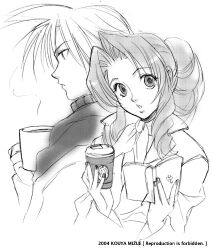 Rule 34 | 1boy, 1girl, aerith gainsborough, alternate costume, book, cloud strife, cup, final fantasy, final fantasy vii, greyscale, holding, holding book, holding cup, kouya mizue, looking at viewer, lowres, monochrome, parted bangs, parted lips, ponytail, scarf, short hair, sidelocks, sketch, spiked hair, square enix, turtleneck, upper body, wavy hair, white background