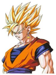 Rule 34 | 1boy, angry, blonde hair, blue eyes, dougi, dragon ball, dragonball z, earrings, from side, green eyes, japanese clothes, jewelry, looking afar, male focus, muscular, potaro earrings, shirt, short hair, short sleeves, simple background, solo, son goku, spiked hair, super saiyan, super saiyan 2, upper body, white background