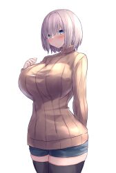Rule 34 | 1girl, absurdres, arm behind back, black thighhighs, blue eyes, blue shorts, blush, breasts, closed mouth, cowboy shot, curvy, grey hair, hair over eyes, hand on own face, highres, huge breasts, long sleeves, medium hair, original, ribbed sweater, short shorts, shorts, simple background, solo, sweater, taut sweater, thighhighs, turtleneck, turtleneck sweater, white background, yuuki shuri