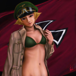 Rule 34 | 10s, 1girl, artist name, blonde hair, bra, breasts, ebi (eeotoko), erwin (girls und panzer), flag, girls und panzer, groin, highres, jacket, jacket on shoulders, looking at viewer, navel, open clothes, open jacket, red eyes, ribs, signature, small breasts, solo, underwear