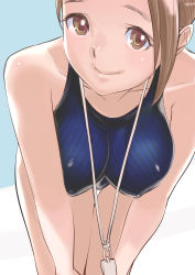 Rule 34 | 1girl, absurdres, breasts, brown eyes, brown hair, cleavage, collarbone, competition swimsuit, covered erect nipples, dytm, highres, large breasts, leaning forward, looking at viewer, one-piece swimsuit, original, pool monitor part-timer (dtym), skin tight, smile, solo, swimsuit, thigh gap, whistle