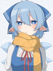 Rule 34 | 1girl, ahoge, blue bow, blue dress, blue eyes, blue hair, blush, bow, cirno, collared shirt, commentary request, dress, hair between eyes, hair bow, highres, ice, ice wings, light blue background, looking at viewer, neck ribbon, pinafore dress, pointy ears, red ribbon, ribbon, scarf, shirt, short hair, simple background, sleeveless, sleeveless dress, touhou, upper body, white shirt, wings, yellow scarf, yuzupon (yuzuponpon)