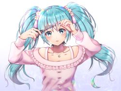 Rule 34 | 1girl, aqua eyes, aqua hair, arms up, cutting hair, hatsune miku, jewelry, long hair, nail polish, necklace, scissors, solo, twintails, upper body, vocaloid, white background, yoruhachi