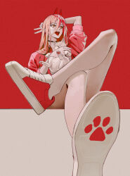 Rule 34 | 1girl, absurdres, arm behind back, black choker, chainsaw man, choker, cross-shaped pupils, crossed legs, ga is, hair between eyes, highres, horns, long hair, looking to the side, meowy (chainsaw man), open mouth, paw print, pink hair, power (chainsaw man), red background, red horns, red theme, sharp teeth, shoes, simple background, sneakers, solo, symbol-shaped pupils, teeth, tongue, tongue out, v, yellow eyes