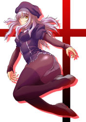 Rule 34 | 00s, 1girl, ass, caren hortensia, crotch seam, fate/hollow ataraxia, fate/stay night, fate (series), hair over one eye, hat, high heels, layered sleeves, long hair, looking back, panties, panties under pantyhose, pantyhose, shoes, silver hair, solo, thighhighs, thighhighs over pantyhose, underwear, white panties, yellow eyes